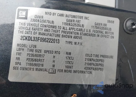 2009 Pontiac Torrent из США, поврежденный, VIN 2CKDL33F096222013